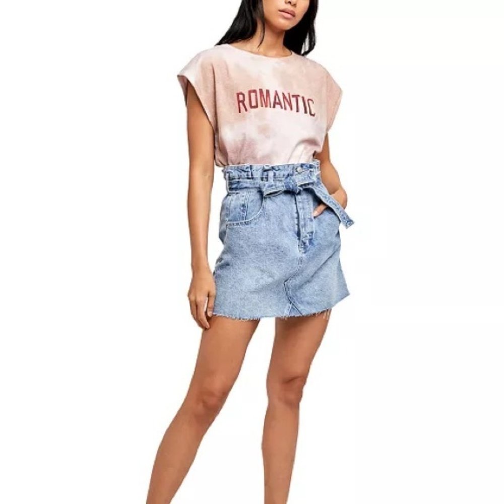 We The Free East of Eden Blue Denim Paperbag Skirt Button Fly Raw Hem Size 26 - Picture 11 of 12